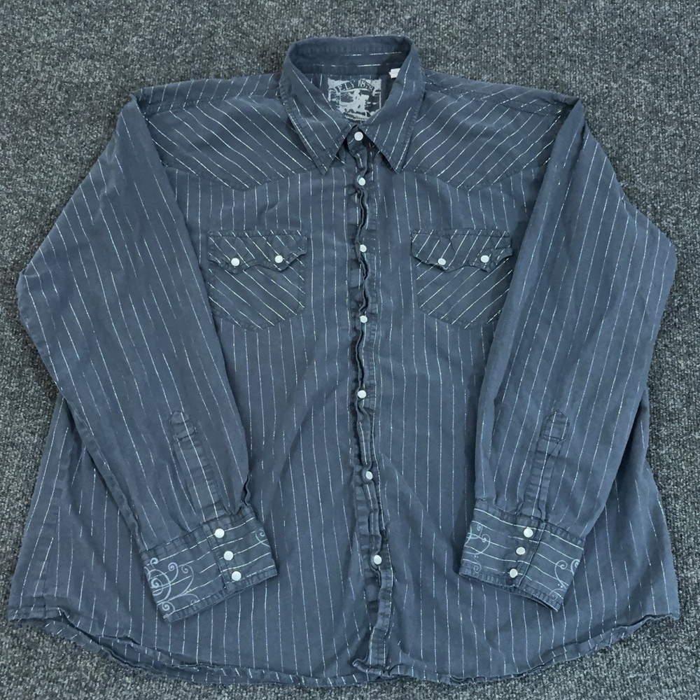 ELY 1878 Shirt Mens 2XL Blue Stripe Long Sleeve Western Snap Fleur De Lis Back